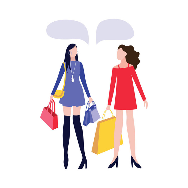 Zwei Cartoon-Frauen mit Einkaufstaschen im Modegeschäft im Gespräch - Vektor, Bild