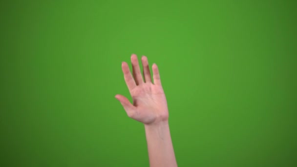 Ręczne machanie z boku na bok, mówiąc HI na zielonym ekranie, pozdrawia - Materiał filmowy, wideo