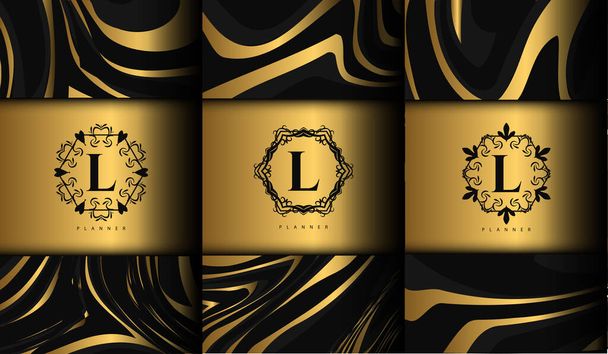 Conjunto de plantillas de embalaje con adorno de elemento de diseño, etiqueta, logotipo. hecho con flor de lujo de oro sobre fondo de adorno
 - Vector, Imagen