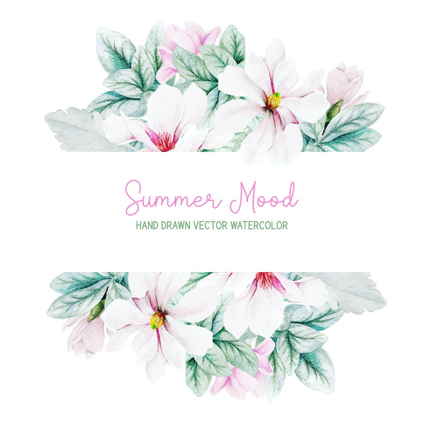 Horizontal stripe banner with watercolor magnolia flowers and lamb ear - Vector, Image