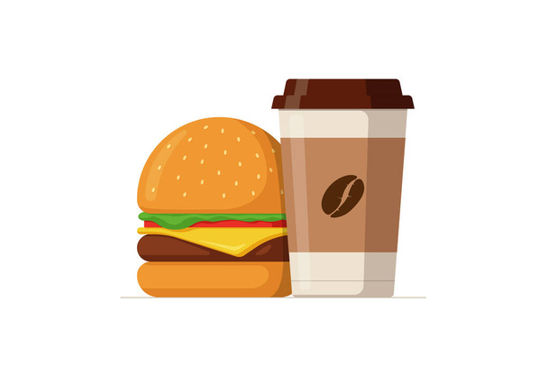 Dibujos animados colorido sabrosa hamburguesa y taza de café de papel desechable. Hamburguesa o hamburguesa con queso y bebida caliente. Vector de comida rápida aislado eps plana ilustración
 - Vector, imagen