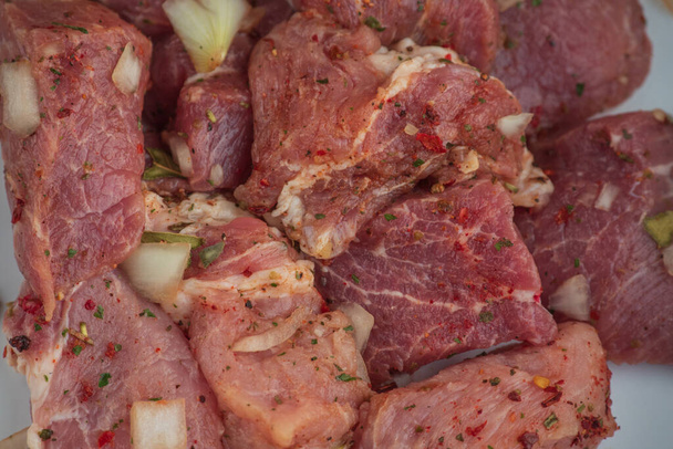 Kebab - morceaux de porc et d'oignon haché, en gros plan photographié. Porc haché en morceaux sur un barbecue aux oignons. Porc cru aux épices, viande marinée. Préparation pour la préparation des plats à base de viande
 - Photo, image