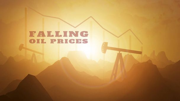 3Dイラスト/レンダリング。石油バレル価格はチャートを下回っています。原油価格の下落.  - 写真・画像