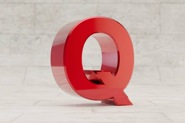Czerwona, trójwymiarowa litera Q. Błyszczący czerwony metaliczny list na tle kamiennych płytek. Błyszczący, metalowy alfabet z odbiciami światła studyjnego. 3d wyrenderowany znak czcionki. - Zdjęcie, obraz
