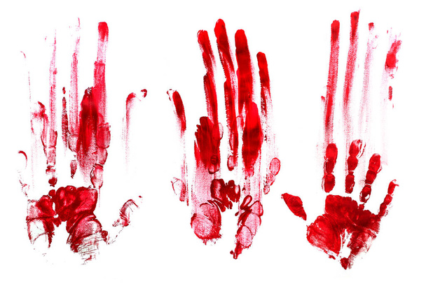 Impronte di mani insanguinate, sfondo bianco. Rosso
. - Foto, immagini