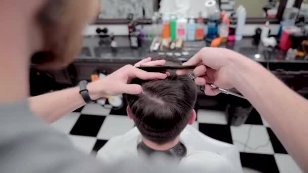Mens haircut in a barbershop. Hair Care.  - Materiał filmowy, wideo