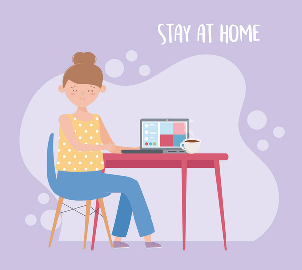 μείνετε στο σπίτι, γυναίκα με υπολογιστή σε απευθείας σύνδεση - Διάνυσμα, εικόνα
