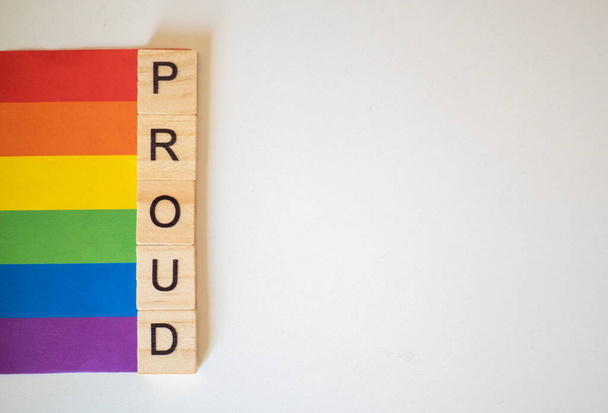 Büszke LMBTQ + szivárvány zászló fehér alapon  - Fotó, kép
