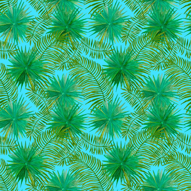 Watercolor hand painting seamless pattern, green palm tree leaves on blue backgrounds, Natural tropical plant graphic and vibrant repeated print textile, fabric, vintage wallpaper - Φωτογραφία, εικόνα