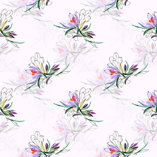 Crocus seamless pattern.Image on a white and color background. - Foto, Imagem