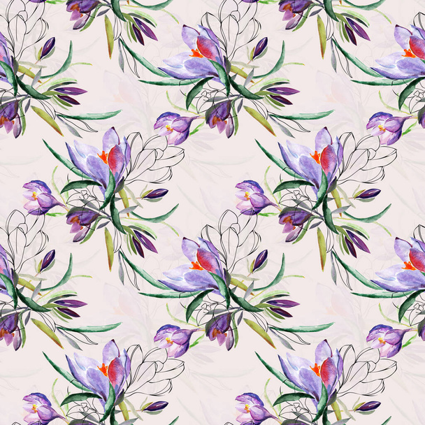 Crocus seamless pattern.Image on a white and color background. - Fotó, kép