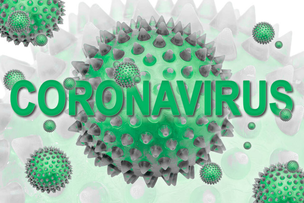 Inscription CORONAVIRUS. La COVID-19 est une maladie infectieuse causée par le syndrome respiratoire aigu sévère (SRAS-CoV-2). Petits et grands modèles abstraits de souches de virus verts du Cov-SRMO
 - Photo, image