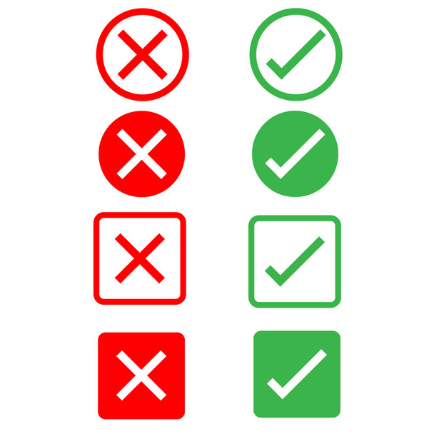 ναι ή όχι εικονίδια σε λευκό φόντο. επίπεδο στυλ. σύνολο κουμπιών μάρκας εικονίδιο για το σχεδιασμό της ιστοσελίδας σας, λογότυπο, εφαρμογή, UI. πράσινα σημάδια ελέγχου και κόκκινο σύμβολο σταυρούς. σημειωματάριο και σταυρό.  - Διάνυσμα, εικόνα