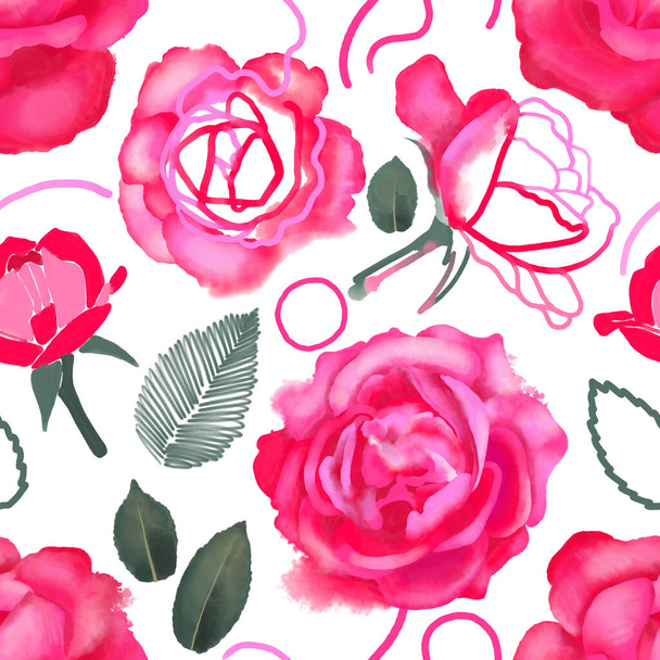 Naadloos patroon van digitale rozen geschilderd in gemengde technieken in levendige kleuren - Foto, afbeelding