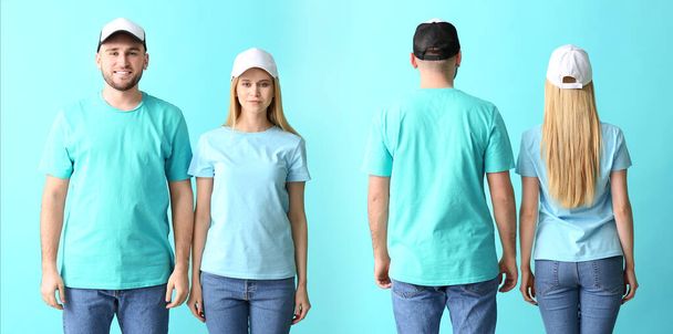 Young couple in stylish caps on color background. Front and back view - Photo, Image