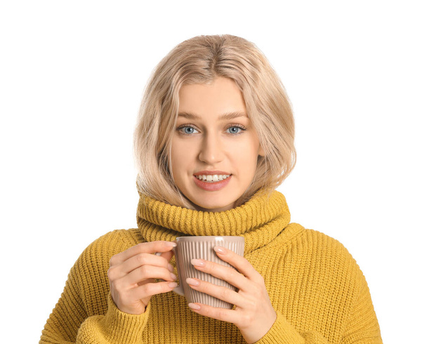 Beautiful young woman with tea on white background - Foto, Imagem
