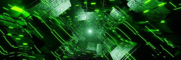 Science-Fiction-Stadt futuristischer Strom Datenkommunikation fliegende digitale technologische Tunnelpanorama-Animation 3D-Rendering - Foto, Bild