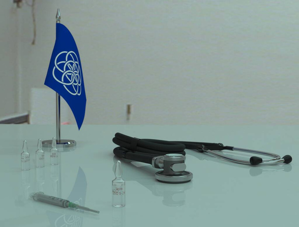 Injekční stříkačka, COVID 19 koronovirová vakcína a fonendoskop na lékařském stole v zemi. - Fotografie, Obrázek