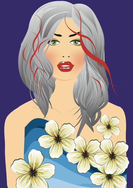  σύνθεση με μια γυναίκα με γκρίζα μαλλιά σε μπλε φόρεμα και με λουλούδια - Διάνυσμα, εικόνα