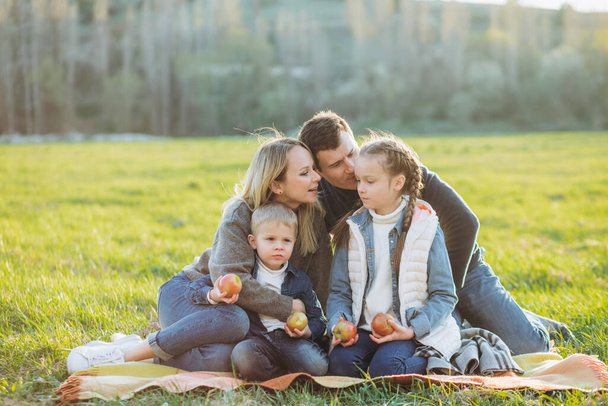 Family picnic with apples on the green grass. - Valokuva, kuva