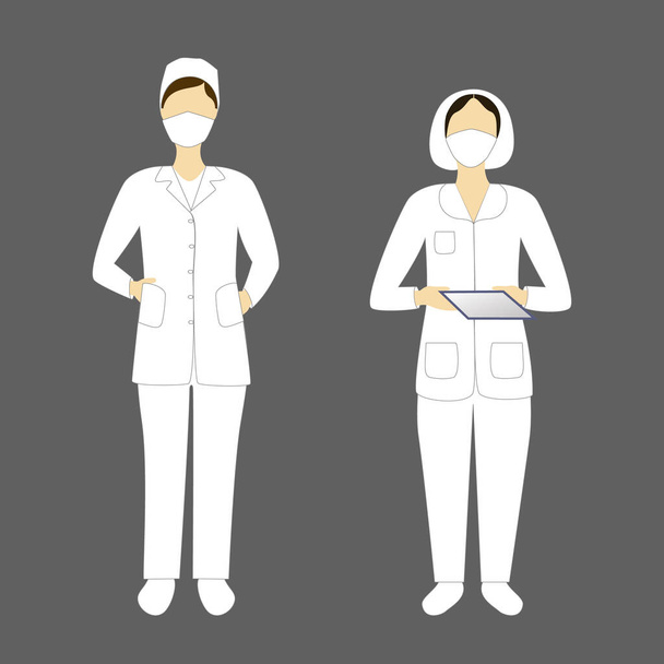 Mujeres en traje médico y máscara en varios diseños. Ilustración de Jpeg con dos doctores diferentes en uniforme blanco sobre fondo gris
. - Foto, Imagen