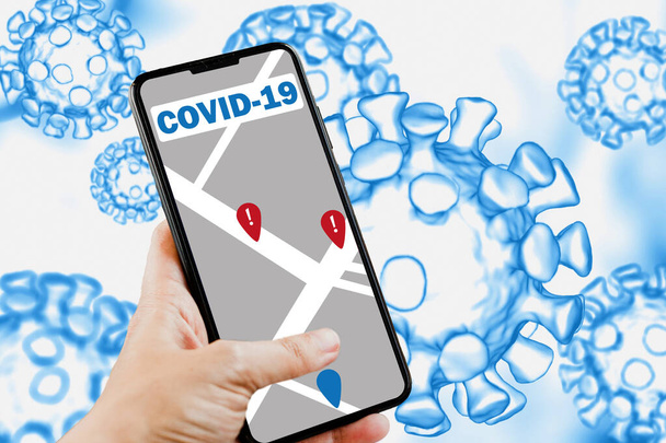 Приложение для отслеживания местоположения коронавируса: карта смартфона, на которой инфицированные люди идут по улице
 - Фото, изображение