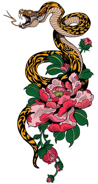 Schlange wickelte sich um Pfingstrose Blume. Tätowierung. Grafische Vektor-Illustration - Vektor, Bild
