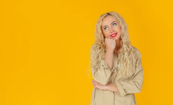 Curieux moderne élégant caucasien blond femme latéralement regarder la pensée faire un choix pensée pensée ravi sourire largement
 - Photo, image