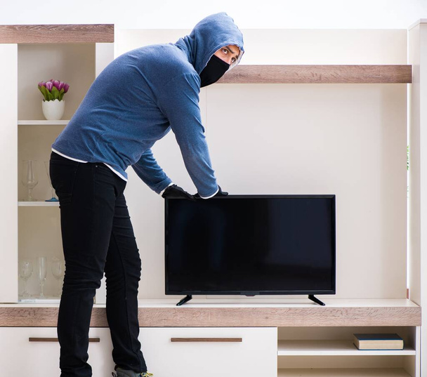 Man burglar stealing tv set from house - Zdjęcie, obraz