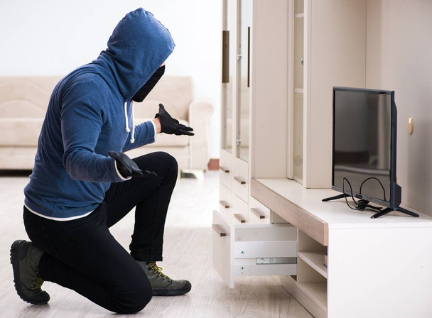 Człowiek włamywacz kradnie telewizor z domu - Zdjęcie, obraz