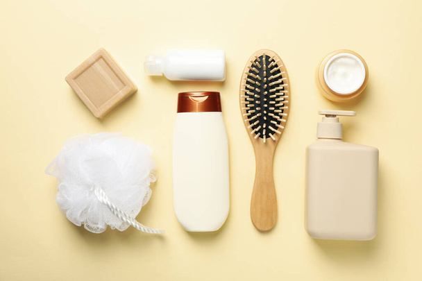 Flat lay with hygiene concept on beige background, top view - Photo, Image