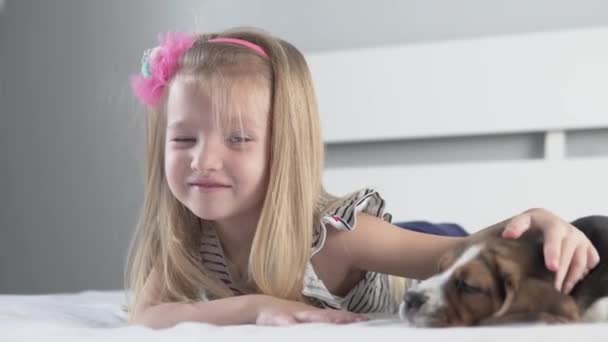 A cute little girl is in bed with a puppy - Séquence, vidéo