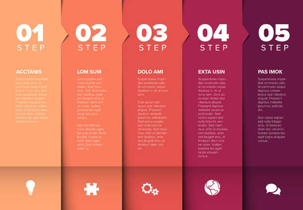 One two three four five - vector progress block steps template with descriptions and icons - red colors version - ベクター画像