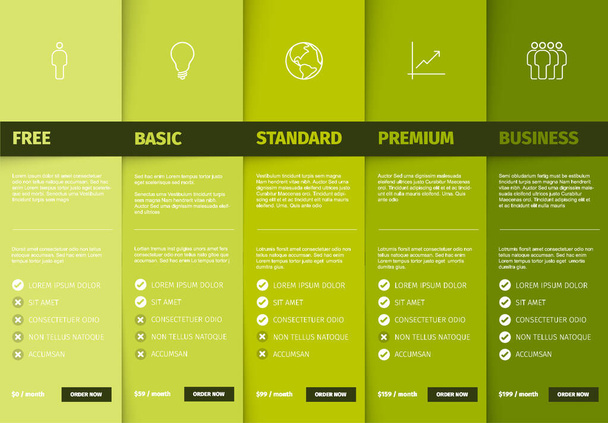 Característica de servicio de productos compare la plantilla de tabla de lista con varias opciones, descripción, características y precios - versión de color verde
 - Vector, imagen