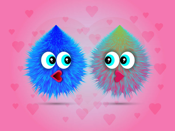 Romantic Blue and Pink Monsters on pink heart background design. Vector illustration. - Διάνυσμα, εικόνα