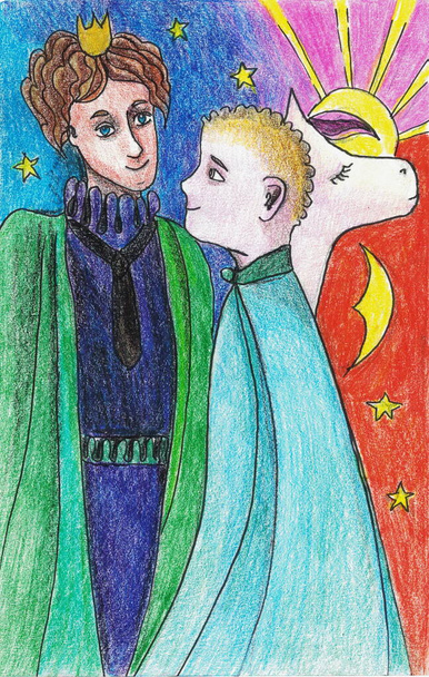 glimlachende jonge prins in een groene mantel met een prachtig paard en een trouwe dienaar met een blauwe mantel starend naar zijn meester - Foto, afbeelding