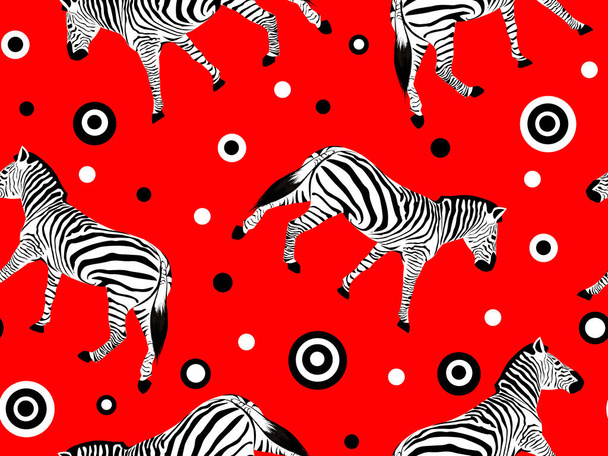 Seamless pattern with black and white zebras on a red background. - Zdjęcie, obraz