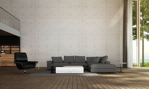 De tropische lounge en moderne woonkamer en betonnen muur textuur en uitzicht op zee - Foto, afbeelding