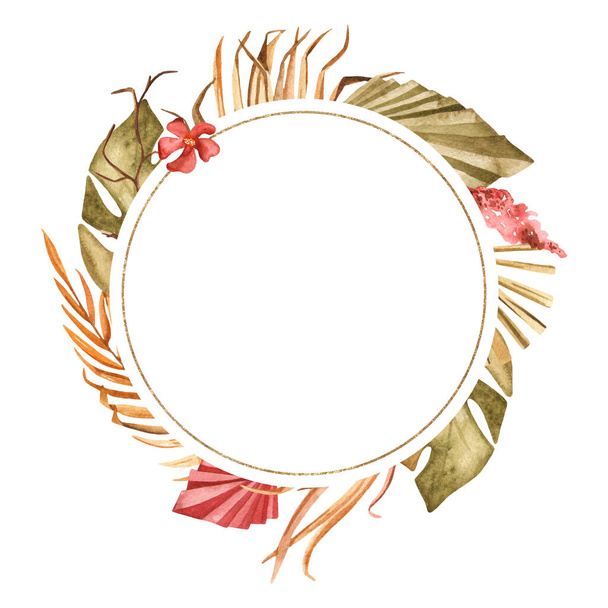 乾燥した花、ヤシの葉。水彩手描き丸枠 - 写真・画像