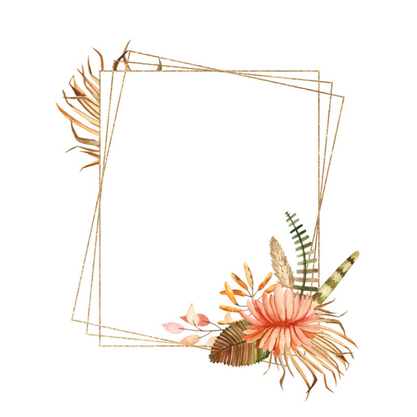 Droge palmbladeren, roze bloemen, pampa 's. Aquarel gouden rechthoekige frame  - Foto, afbeelding