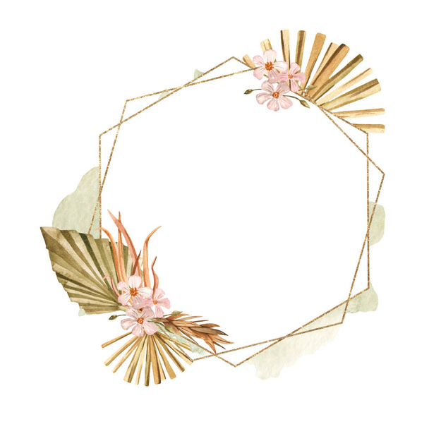 Dry palm leaves, pink flowers. Watercolor golden polygonal frame - Foto, Imagen