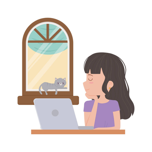 thuis blijven, vrouw met laptop en kat rustend in raam - Vector, afbeelding