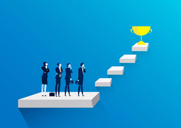 Businessman team thinking with stairs to golden trophy as symbol of success. - Vector, Image