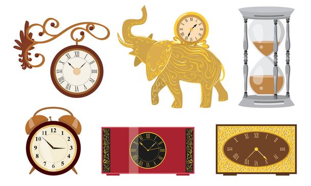 Different styles of clocks, alarm clocks and hourglass vector illustration - Vector, Image