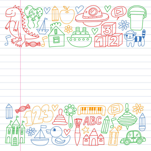 Kindergarten preschool school children. Kids drawing style vector pattern. Play grow learn together. - Vecteur, image