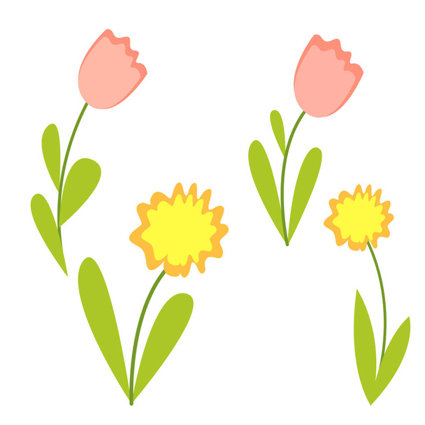 Collectie met grafische lentebloemen. Roze tulpen en gele narcissen. Groene bladeren. Eenvoudige platte cartoon stijl. Leuk en grappig. Paasvakantie decoratie. Voor kinderen. Voor kinderen. Voor briefkaarten - Vector, afbeelding