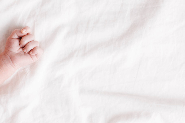 Hand of a newborn baby on a white bed top view - Foto, Bild