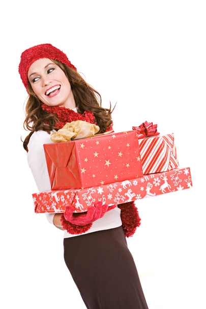 Christmas: Woman Holding Stack of Wrapped Gifts - Photo, image