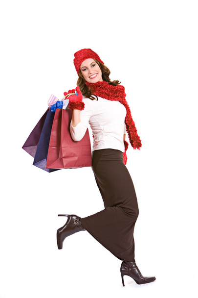 Christmas: Excited Shopper with Shopping Bags - Фото, изображение