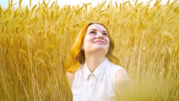 Smiling red haired girl daydreaming in wheat field in harvest season - Záběry, video